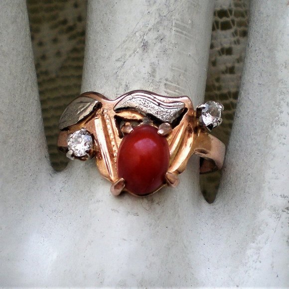 Ukrainian Ukraine Russian Solid 14K 585 Rose Pink White Gold Red Coral CZ Ring